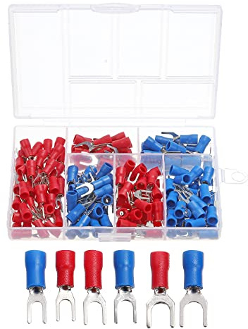 sourcing map Electrical Connectors 190PCS Crimp Cable Terminal Insulated Wire Terminals Lug Set for Home Automotive Boat Truck Workshop Wiring Red and Blue Forked Cold Press 1Set