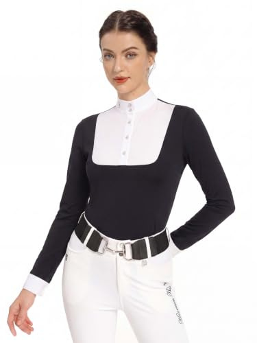 Harrison Howard Women's Equestrian UPF 50+ Long Sleeve Riding Top Quick Dry Patchwork Design Stretch Dressage Riding Show Shirt Navy Medium