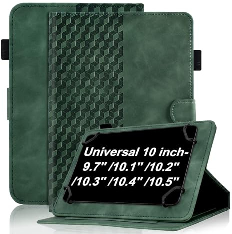 Universal Schutzhülle für 10-Zoll Premium Ledertasche Folio Smart Case Multi-Winkel Stand Stifthalter Universal Case Hülle für 9,7'' 10.1'' 10.2'' 10.3'' 10.4'' 10.5'' Tablet, Dunkelgrün