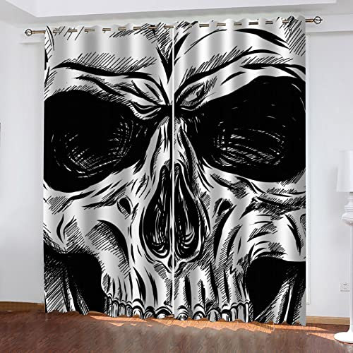 VOYADE 2 Stücke Blickdicht Vorhang Mit Ösen, 3D Schwarz-Weißer Totenkopf Verdunkelungsvorhang Polyester Verdunkelung Vorhänge Gardinen - Für Wohnzimmer/Schlafzimmer/Kinderzimmer 214X200cm(HXB)