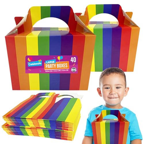 SOL 40pk Party Boxes for Kids Party Food - Rainbow Easy Build Sturdy Box | Kids Party Boxes with Carry Handles - Flat-Packed Cardboard Lunch Boxes for Kids Party Food & Treats, 40pk x 10.5x14.5cm