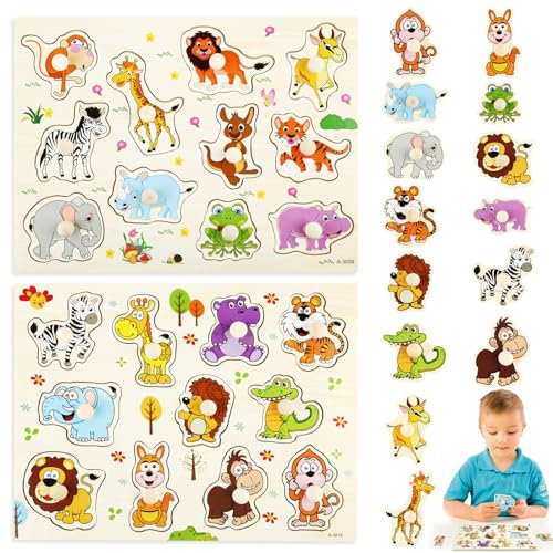 2 Set Holzpuzzle 1 Jahr, Steckpuzzle Holz ab 1 Jahr mit Dschungeltieren, Greifpuzzle Holzspielzeug, Ideales Kinderpuzzle ab 1 Jahr für Baby Junge Mädchen Geschenk