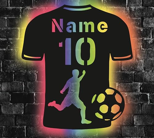 WALUNA® LED Trikot Lampe – personalisiertes Geschenk zu weihnachten Fußball Nachtlicht mit Name & Nummer – für Jungen & Fußballer, Gaming Lampe USB, individuelle Fußball Deko in 12 Holzfarben