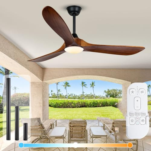 OUENGK 132CM Ventilatori da soffitto con luci e telecomando, Ventilatore da soffitto in legno con luce LED a 3 pale, Motore DC reversibile silenzioso a 6 velocità, Per soggiorno, patio esterno, noce