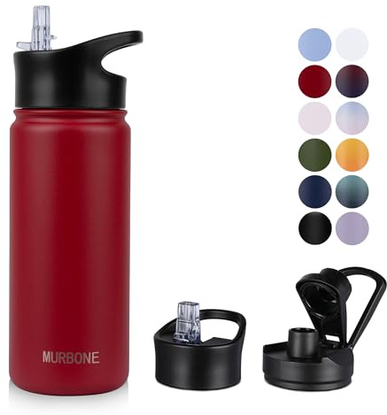 MURBONE Insulated Water Bottle, 500ml Stainless Steel Drink Flask with Straw, BPA Free, Leakproof Double Walled Vacuum Water Bottle, 2 Lids (Straw and Spout), Red