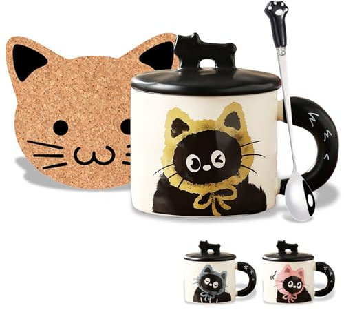 Geschenke Für Frauen Süße Schwarze Katzen Tasse mit Deckel Personalisierte Geschenk für Mädchen Beste Freundin Katzenliebhaber Katze Keramik Kaffeetasse Dankeschön Weihnachten Halloween Geschenke