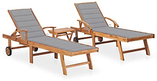 Rantry Sun Loungers 2 Pieces with Table and Solid Cushion of Teak Furniture, Sun Loungers, Sofa Bed Furniture, Garden Loungers, Pool Lounger, Garden Sun Lounger g