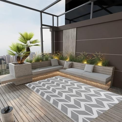 Outdoor Teppich Wetterfest 160x230cm, Outdoor Teppich Balkon Terrasse Küchenteppich aus Polypropylen (PP), Grau, Grau, für Balkon, Terrasse o Innenhof