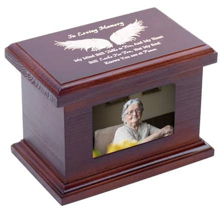 5.5 Inch Small Wooden Memorial Urn with Photo Frame, Keepsake Urn Box for Human/Pet Ashes - Wing