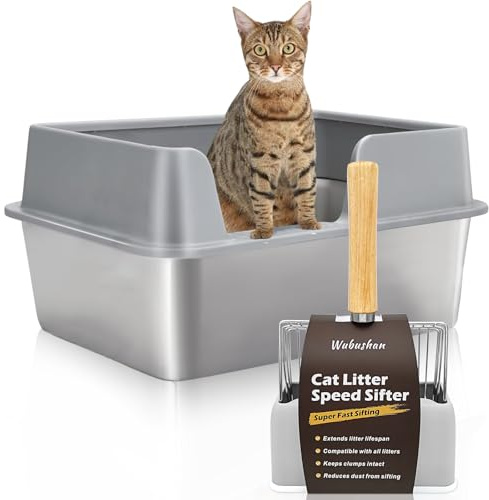Litière pour chat XXL en acier inoxydable - Avec pelle en métal - Bord haut - Facile à nettoyer - Gris