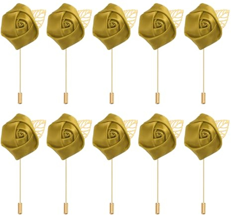 PATIKIL 10er-Pack Rosenanstecker Bräutigam Hochzeitsanstecker Tasche Gold | Handgemachte Blumen Reversnadel Anstecker, Für Männer Hochzeitszeremonie Party Prom