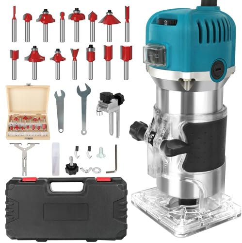 Fresa per legno elettrica per legno, fresatrice a mano in legno con valigetta – 12 set di accessori 800 W 330000 R/min 6,35 mm – Wood Router fresa per palmi a mano per la lavorazione del legno