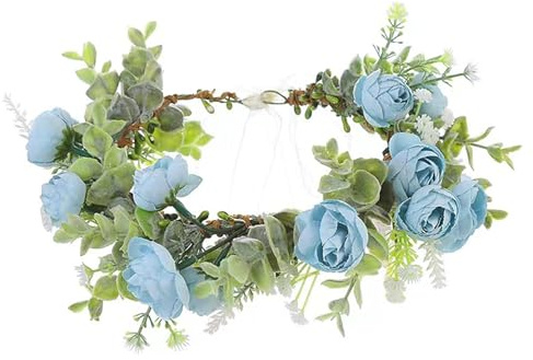 Couronne de fleurs réglable pour les cheveux - Couronne florale avec ruban - Décoration de fête de mariage, fête prénuptiale, festival (bleu)
