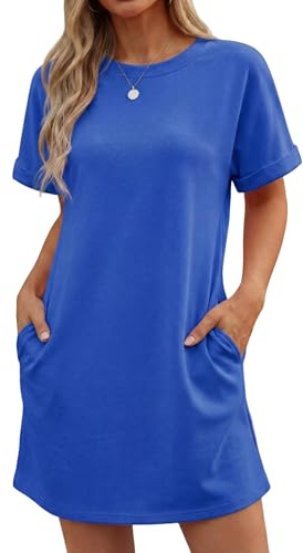 GRECERELLE Womens Summer Mini Dress Cap Sleeve Crew Neck T Shirt Short Casual Beach A Line Dresses with Pockets (Royal Blue, L)