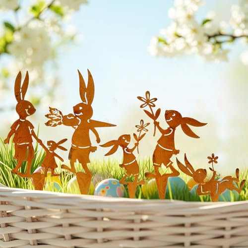 Nexoria Osterhase Gartenstecker Ostern, 5 Stück Gartendeko für Draußen Wetterfest Set Gartendeko Rost Vogel Metall Gartenstecker mit Schraube Osterdeko Garten für Garten Frühling Deko (C)