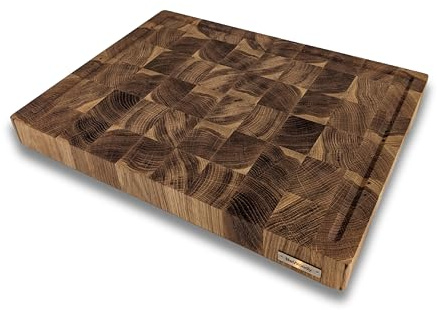 Premium Hackbrett Stirnholz Schneidebrett Eiche – Hackblock 40x30x4 cm – Großes Holzbrett mit Saftrille & rutschfesten Füßen – Tranchierbrett für Küche & Fleisch