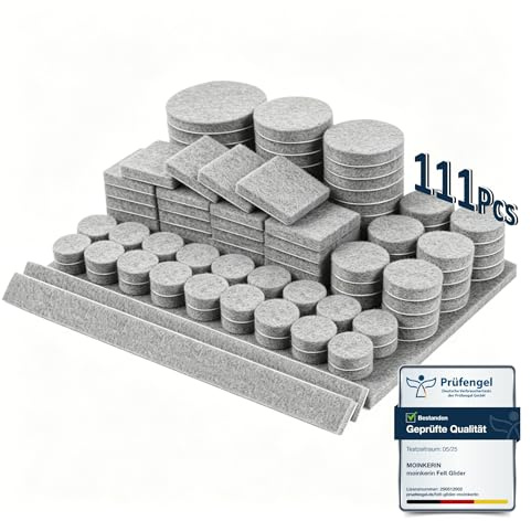 moinkerin Filzgleiter Selbstklebend Grau - 111 Stück 5mm Filzgleiter für Stühle Rund & Eckig Möbelfilz Geräuschdämpfung & Kratzschutz Filzfüße Schneiden Sie Jede Form
