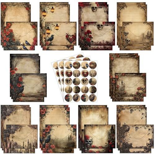 TaoBary 160 Pcs Stationery Paper Set 50 Double Sided Stationery Papers with 50 Matching Envelopes and 60 Round Dot Sticker, 10 Design(Gothic Style,8.25 x 5.5 Inch)