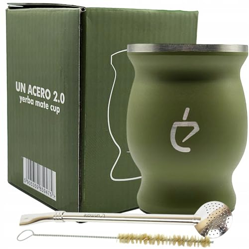 UN MATE Set de Démarrage Yerba Mate Original - Bombilla Inox, Tasse Maté 230ml Inox, Brosse de Nettoyage et Coffret Élégant (Vert)