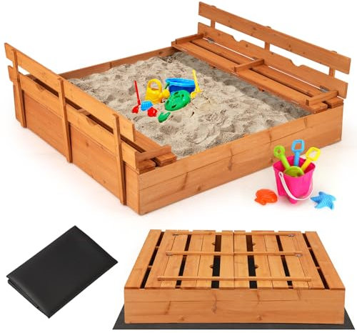 COSTWAY Bac à Sable en Bois Enfant avec 2 Bancs Convertibles, Bac à Sable Extérieur avec Conception sans Fond & Doublure, Charge 100kg de Chaque Banc pour Jardin Terrasse Cour, 18 Mois+