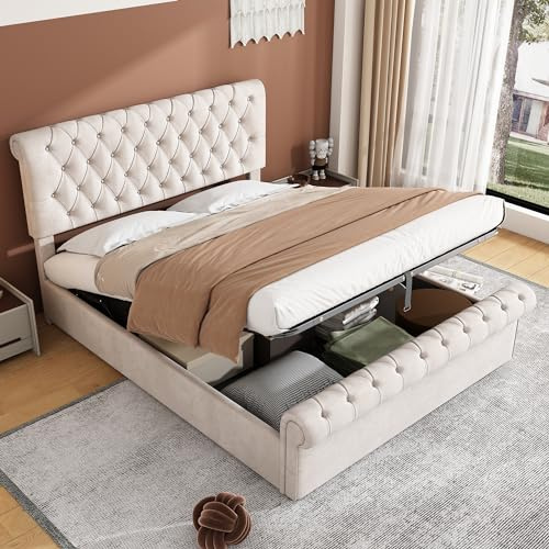 Miyemo Ottoman Double Bed Frame with Storage, 4ft6 Upholstered Double Bed with Headboard & Slats, Luxurious Velvet Button-Tufted Sleigh Bed, 135 * 190cm, Beige, (No Mattress)