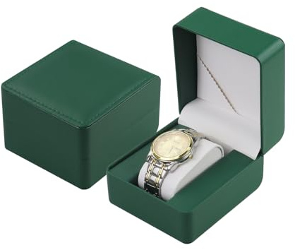 FuninCrea Watch Case, Single PU Leather Watch Travel Case Jewelry Storage Case Organizer with Removable Cushion, Portable Square Watch Box Bracelet Holder for Most Watches, Smart Watch (Green A)