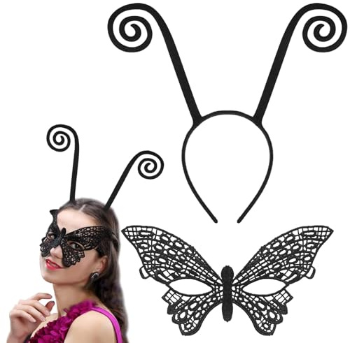 Halloween Augenmaske, Antenne Haarreif, Schmetterling Maske Halloween, Schmetterling Antenne Stirnband, Schwarz Maskerade Maske für Erwachsene Kinder Karneval, Cosplay Party