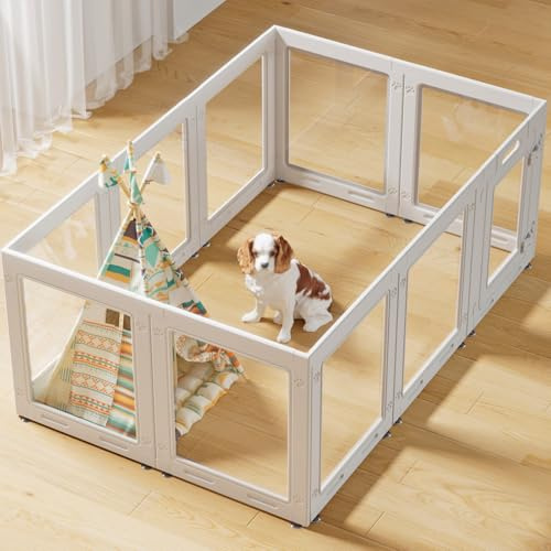 Clear Acrylic Dog Playpen with Door,23.6 Puppy Playpen,Easy Assemble Pet Fence,10-Panel for Puppies/Small Dog Play Pen Indoor (White, 23.6 Inch-H, 10 Panel)
