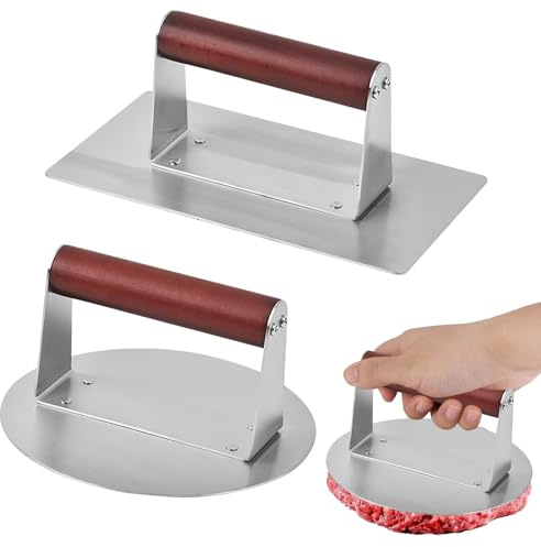 2pcs Stainless Steel Burger Press Hamburger Patty Maker 6.3 Round and 8 * 4.3 Rectangular Heavy Duty Cast Iron Grill Press Non-Stick Stainless Steel Wooden Handle for Sandwich Maker