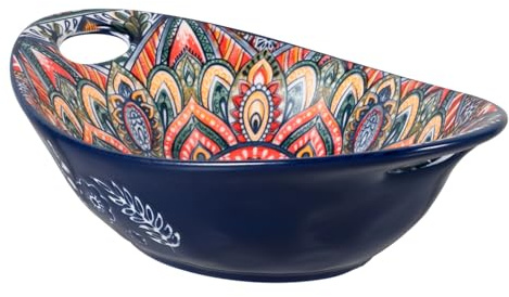 SOLUSTRE Saladier en Céramique à Double Anse 23 Cm, Bol Multifonction Profond, Contenant à Dessert Bleu Vintage, pour Maison, Restaurant Et Bar, Bol De Service pour Fruits Et Salades
