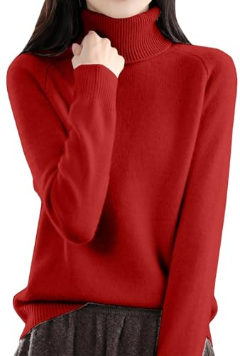 Women's Polo Neck Jumpers Ladies Turtle Neck Cashmere Pullover Knitted Tops Casual Lightweight Basic Plain Jumper(Red, M)