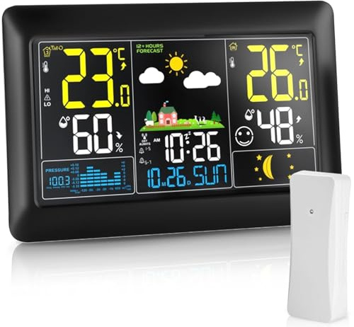 Estación Meteorológica Inalámbrica, Pantalla VA de 7,5 pulgadas, gran pantalla a color con indicación de temperatura y humedad interior y exterior DC Negro