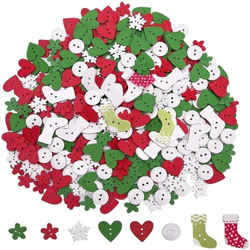 RUIYWEN 100 Stück Weihnachtsknopf Holzornament Weihnachten Holzknöpfe für DIY Scrapbooking Knöpfe Nähen Handwerk Weihnachtsdekoration (Set A)