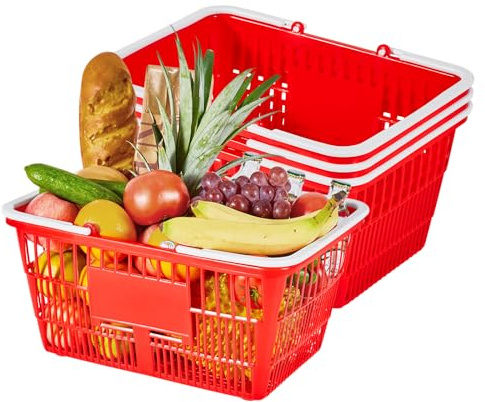 VEVOR Shoppingkorgar, 4 st, 21 L stapelbara livsmedelskorgar i PE-plast med handtag, tät nätstruktur, rymmer upp till 9,07 kg, bärbar för mataffär, detaljhandel, stormarknad, hemmabruk, röd