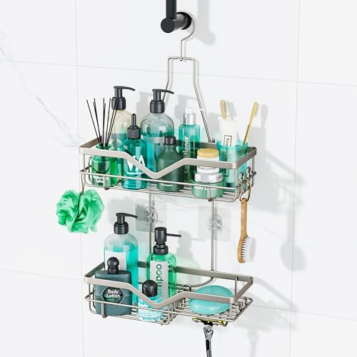 SWTYMIKI Duschablage zum Hängen - Duschablage Hängend mit Seifenhalter & Haken, Duschregal zum Hängen, Dusche Ablage Hängend für Badekugeln, Handtuch, Badebürste, 3 Schraubenkleber