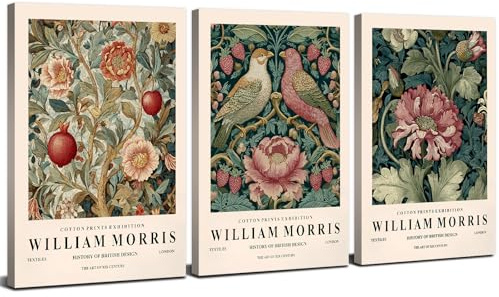 3Pcs Vintage William Morris Leinwandbild, Blumen Leinwanddrucke für das Schlafzimmer, Natur und Wildblumenmotive, Rustikale Tier- und Botanisch Leinwandkunst für Wohnzimmer, Büro und Wanddeko 30x40 cm