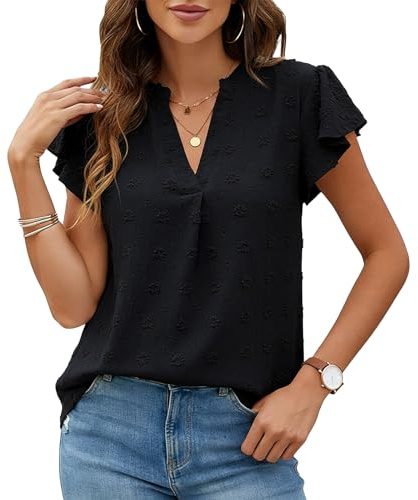 viiotu Blouses for Women UK Summer Short Sleeve Ladies Shirts Chiffon Blouses V Neck Tops for Travel Party Daily Wear (UK, Alpha, L, Regular, Regular, Black)