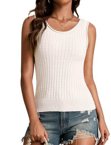 ADORPOP Womens Crochet Tank Tops - Scoop Neck Spring Sleeveless Sweater Vest Soft Waffle Knit Top Boho Beach Vacation Clothes White Medium