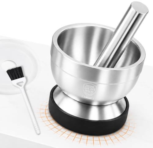 304 Stainless Steel Mortar and Pestle Set with Lid, Heavy Duty Garlic & Pill Crusher, Spice Grinder, Herb Bowl, Includes Non-Slip Silicone Pad & Cleaning Brush