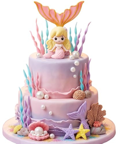 17 Pcs Mermaid Cake Decorations, Resin Underwater Cake Toppers with Mermaid Tail, Starfish, Seaweed, Pearl Shell & Iridescent Bubble Balls for Birthday, Ocean Theme Party Supplies (17)