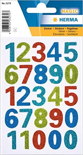 Herma 3279 Chiffres autocollants de 0 à 9 avec paillettes scintillantes (taille de police 20 mm, 1 feuille), autocollants, chiffres permanents, 25 étiquettes, multicolore