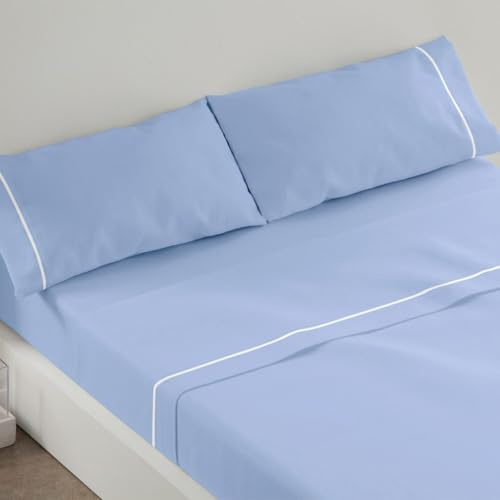 Burrito Blanco | Juego de Sábanas | Mezcla de Algodón | para Cama Matrimonio de 150 cm(+Medidas Disponibles) |3 piezas (Encimera, Funda de Almohada y Sábana Bajera) | Color Celeste 241 (150x190/200cm)
