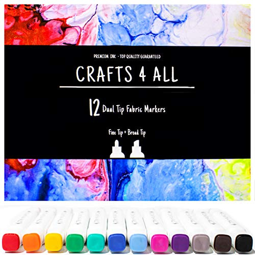 Crafts 4 ALL Fabric Pens - Pack of 12 Permanent, Dual Tip Fabric Markers in Vibrant Colours - Washable Shoe Markers for Fabric Decorating - Laundry Marker, Erases Stains Easily