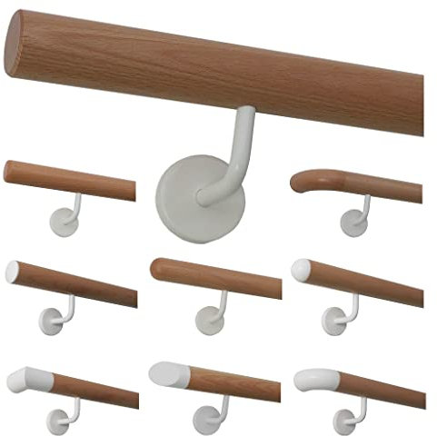 TIBU Buche Holz Handlauf Geländer weiße Edelstahl Halter 30-500cm Wandhandlauf Wand Treppe, Länge 460 cm mit 6 Halter und Endengefast