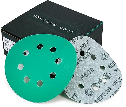 Serious Grit - 125mm 8-Hole P600 Grit Sanding Discs - 50 Pack Box | Fits 5 Random Orbital Sanders - Heavy-Duty Hook & Loop Wet/Dry Film Sandpaper For Wood, Auto Body, Paint, Metal, & More