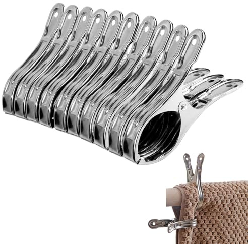 Grands Pinces à Serviette de Pince à Linge,Acier Inoxydable, 10 Pièces | Pinces à Serviette de Plage en Acier Inoxydable, pour Serviettes, Vêtements, Tapis
