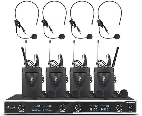 D Debra D-440 UHF 4 Kanal Wireless Lavalier Headset Mikrofon System mit 4 schnurlosen Mikrofonen, Ideal für Karaoke, Party, Kirche, Hochzeiten, Bühne, DJ, Outdoor, 300 Ft (4 Bodypack)