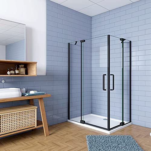 195cm Box Doccia Angolare Doppia Porta Battente 100x80cm in Vetro Temperato 8 mm Anticalcare con 2 Barre Stabilizzatrici Telaio Nero Opaco