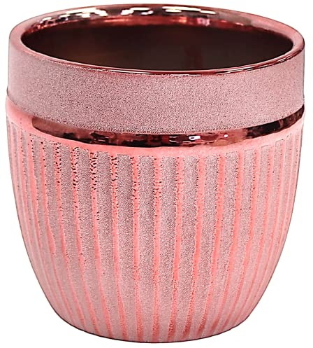 Cheerful Bargains 13cm Round Gloss Ceramic Plant Pot, Shiny Pink | 1L Ribbed Decorative Indoor/Outdoor Succulent Planter | Modern Cactus Pot for Windowsill & Shelf Display | Home/Office Flower Pot