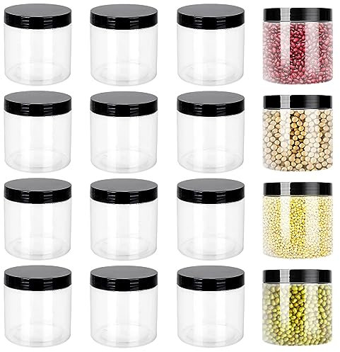 LOLYSIC 16 Pcs Plastic Jars with Lids, 500ml 16oz Clear Plastic Storage Jars with Screw Lids, Round Empty Plastic Containers Jars for Kitchen Food Spice Herb Candy Sweet Liquid Slime Craft Storage